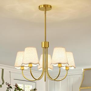 Modern Gold Chandelier 5-Light Dining Room Chandelier with Fabric Shades Kitchen Dining Room Light Fixture Over Table Height Adjustable Farmhouse Chandeliers for Living Room Bedroom Entryway