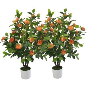 Artificial Camellia Tree 35in Faux Floral Plant with Orange Flowers and Green Leaves - No Maintenance Indoor Outdoor Office Home Porch Decor Housewarming Gift(2-PackOrange)