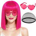 Short Hot Pink Straight Bob Wig with Bangs, PLULON Shoulder Length Heat Resistant Synthetic Hair Wigs with Heart Sunglasses for Women Natural Look Daily Wear Cosplay Hairpieces Halloween Costume Party