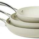 Amazon Basics Ceramic Nonstick Cookware, 3-Piece Set of Frying Pans, All Cooktop Induction Compatible, Dishwasher-Safe, Oven-Safe, Linen Gray