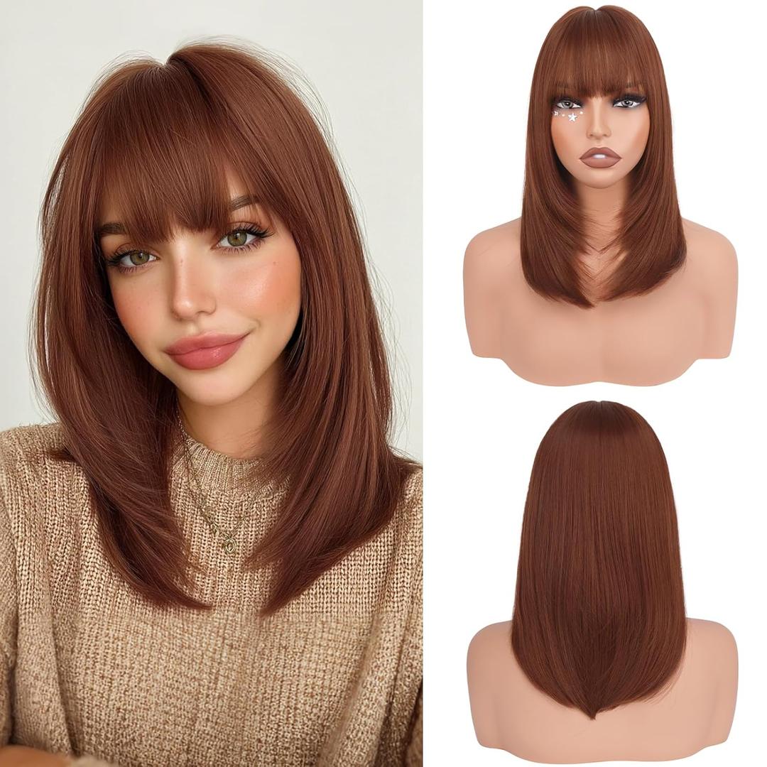 Haloo Auburn Bob Wigs with Bangs Shoulder Length Straight Natural Looking Synthetic Heat Resistant Medium Hair Wigs for Women Daily Party, 16 Inch