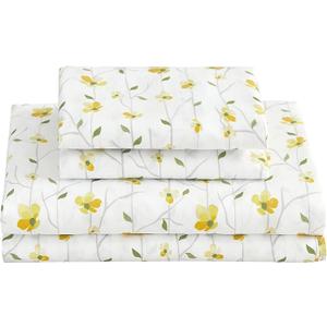 Softan Yellow Floral Sheets for Queen Size Bed Printed Bed Sheets - 4 Piece Soft Microfiber Patterned Fitted Sheets Queen with 15" Deep Pocket and Corner Straps,Cute Flower Sheets & Pillowcase Set