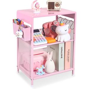 Pink Small Nightstand, Kids Nightstand for Bedroom, End Table with Hooks and Holder, Toddler Bedside Table for Girls, Desk Organizer for Office, Dorm (Pink)