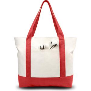 TOPDesign 1-Pack Canvas Tote Bag with an External Pocket, Reusable Grocery Shopping Bag, Top Zipper Closure, Daily Essentials (Red/Natural)