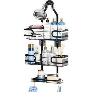 Shower Caddy Hanging, 3 Tier Rustproof Shower Organizer, Shower Rack with Removable Baskets/Soap Basket, Hooks for Razor/Sponge, No Drilling Bathroom Organizer Over Showerhead - Black
