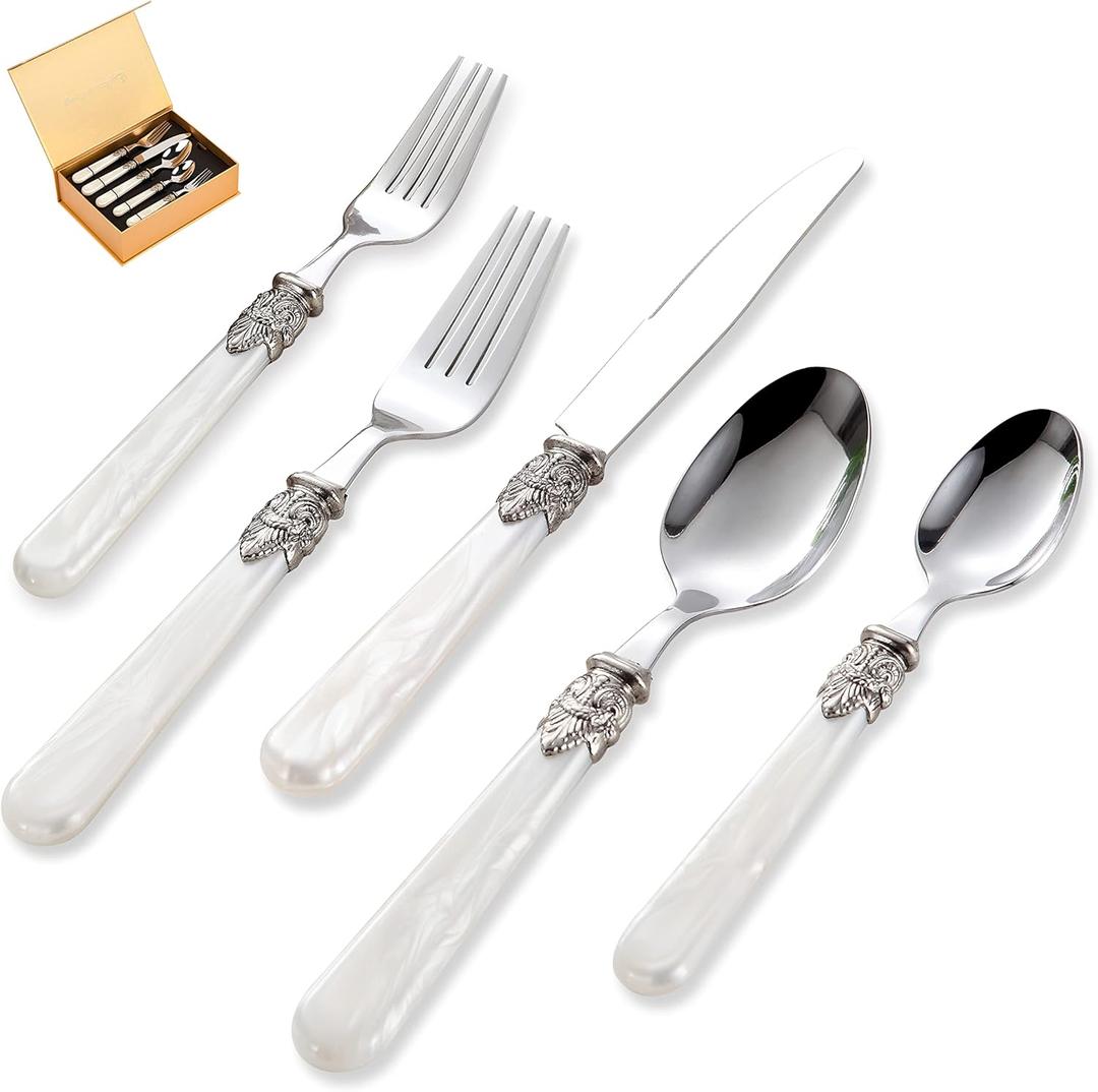 CATHYLIN
20 pieces Stainless Steel Vintage Flatware Sets With White Hanld, Silverware Set For 4,Dishware Safe (White)