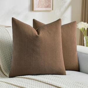 FUTEI Pack of 2 Solid Chenille Throw Pillow Covers 18x18 Inch Soft Cozy Wheat Ear Striped Textured Decorative Cushion Cases Modern Farmhouse Accent for Couch Bed Living Room, Dark Brown