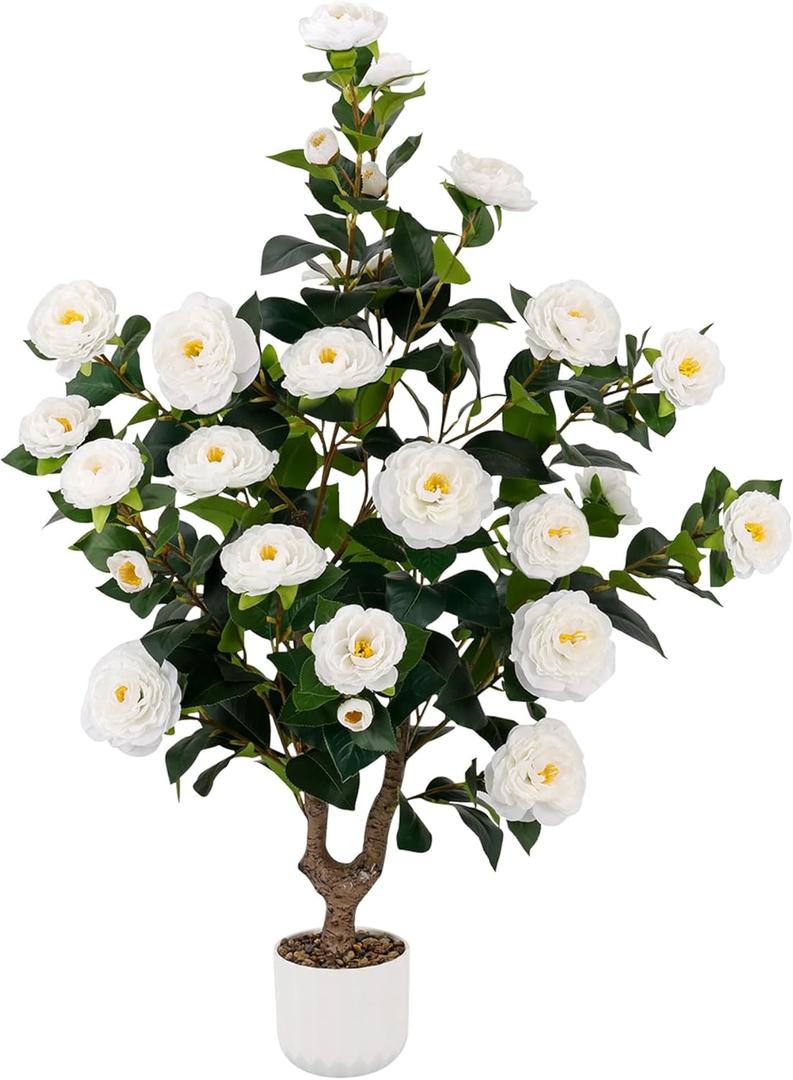 38" Tall Faux Artificial Plants Outdoor Camellia Trees Indoor Fake Tree Potted Plant Bushes with 32 White Blooming Flowers in Pot Home Decor Arboles Artificiales para Christmas Decoracions
