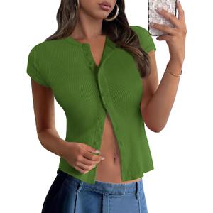 PRETTYGARDEN Women's Short Sleeve Summer Tops 2025 Trendy Ribbed Knit Button Up Tight Basic Tees Shirts Going Out Y2K Clothes