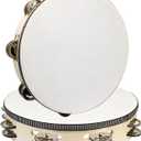 10 Inch Wooden Round Tambourine, Double Row Tambourine with Metal Jingles, Hand Held Percussion Musical Instrument for KTV, Party, Church (2 Pcs)