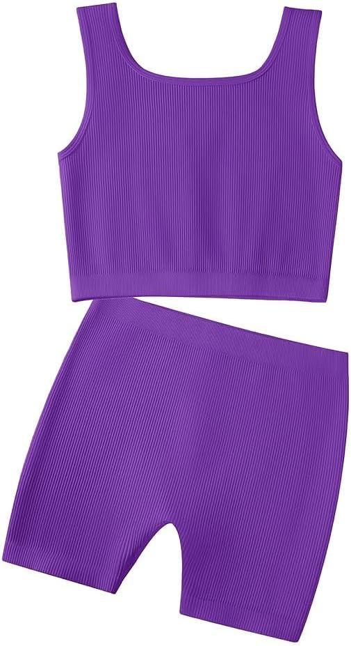 EXARUS Girl's 2 Piece Outfits Workout Set Seamless Ribbed Cropped Tank Tops and Athletic Shorts Summer Kids 10Y (Purple)