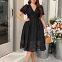 Women's Plus Size Cocktail Dress - V Neck Short Sleeve Lace Midi Dress | Semi Formal Wedding Guest Prom Attire (Large, Black)