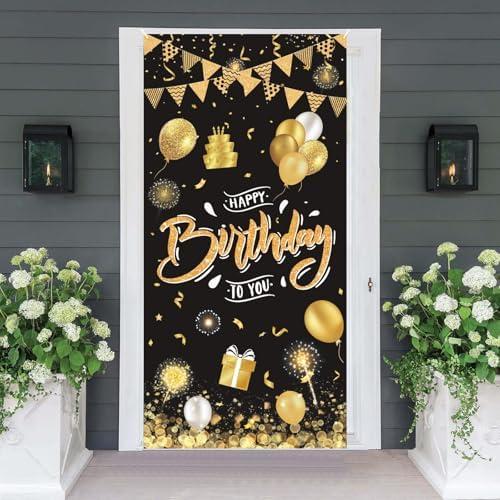 Black Gold Happy Birthday Door Banner,Birthday Door Cover Decoration Supplies Happy Birthday Backdrop Photography Background Sign For Women And Girls Birthday Party Home Outdoor Decor