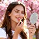 Framendino, 1 Pack Rhinestone Handheld Mirror Round Bling Glitter Cosmetic Dazzling Portable Hand Mirrors with Handle for Women White