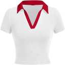 Avanova Women Polo Collared V Neck Tee Shirts Ringer Short Sleeve Crop Tops (Medium)