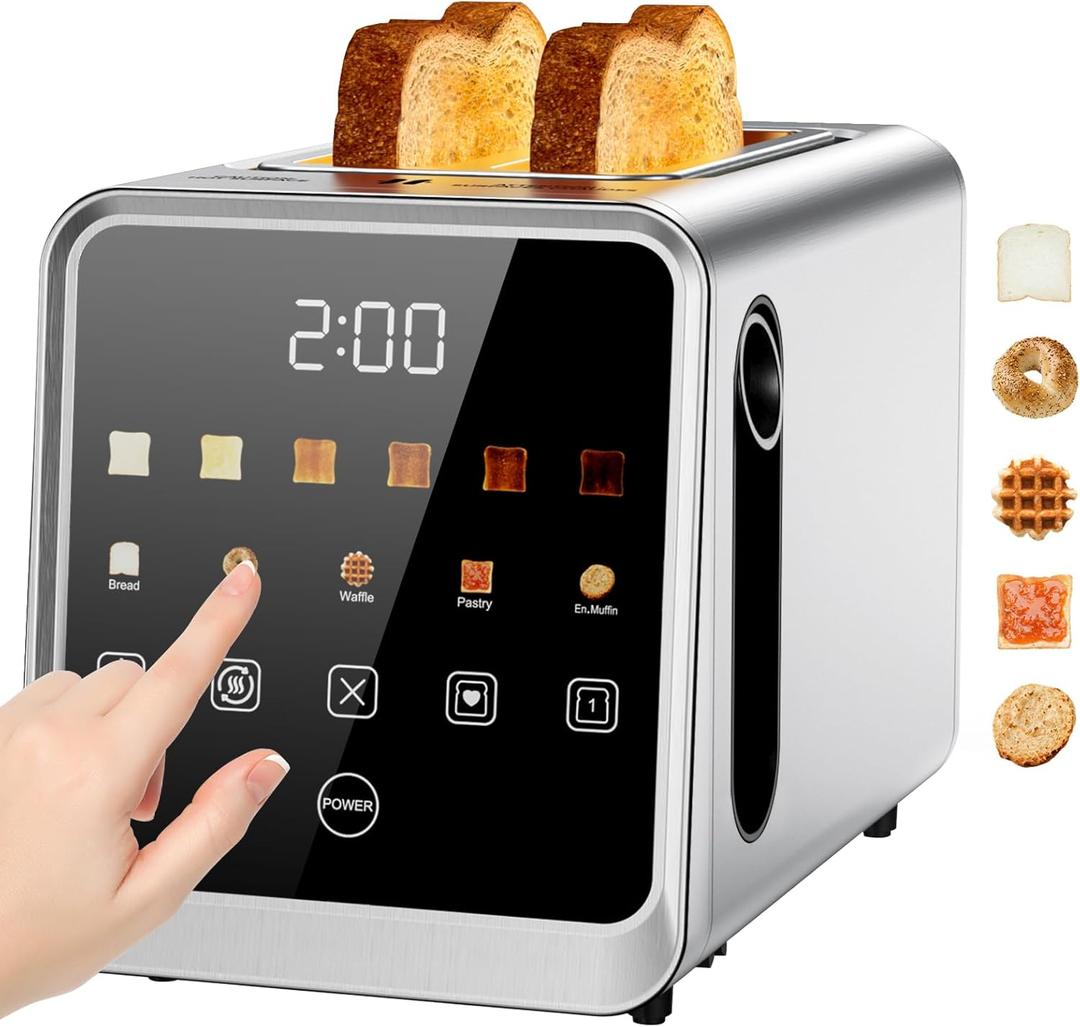 Toaster 2 Slice with Smart Digital Touchscreen & 1-Touch Memory | Stainless Steel 1.5" Extra-Wide Slots for Bagels & Artisan Bread | 900W for Fast, Even Toasting | Defrost, Reheat, Single-Slice Mode