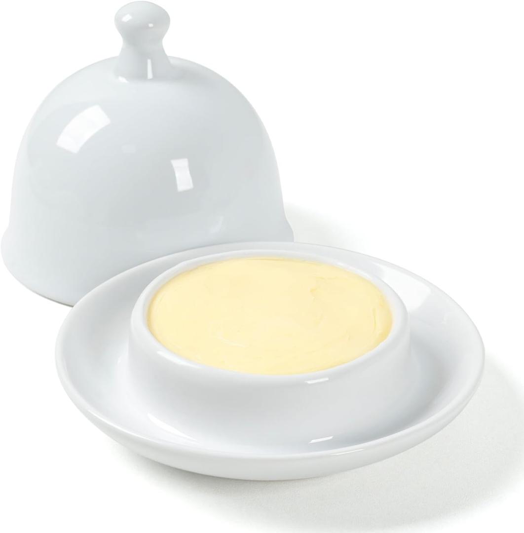 Ceramic Small Butter Dish with Lid, 17 OZ Mini Butter Container, 2-Way Freshness, Pure White