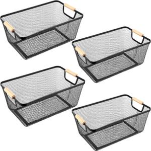 4 Pcs Metal Wire Basket with Wooden Handles Mesh Steel Storage Organizer Bin Containers for Home Organizing Cabinet Pantry Closet Kitchen Fridge Fruit Makeup Snacks Gifts(Large,Black)