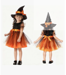 Toddler Halloween Orange Witch Costume Girls Kids Baby Halloween Costumes Witch Dress with Hat Outfit Cosplay Party, Size 110