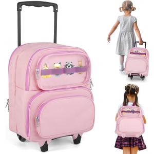 2-in-1 Rolling Backpack for Toniebox 1&2, Pink Travel Carrying Case for Girls with Wheels Organizer Storage Bag, Holds for Toniebox, 30+ Tonies Characters, Headphones & Charger