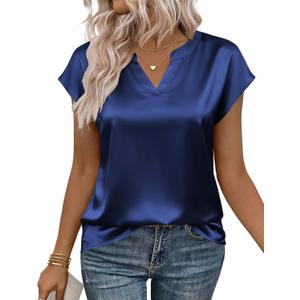 Zeagoo Women Tops Silk Satin Blouses V Neck Summer Shirts Cap Sleeve Business Casual Dressy Spring Clothing (Blue, XL)