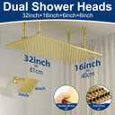 Dual Shower Heads System 16"x32" Ceiling Mount Rainfall and 6" Wall Mounted Shower Heads with 6 body Jets Thermostatic Shower Valve Full Body Shower System Can All Run Together Brushed Gold