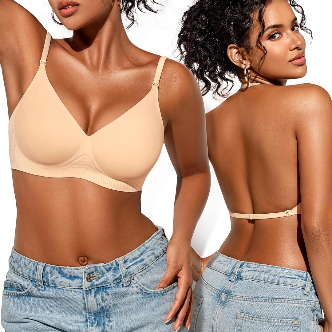 Low Back Bra for Women Wireless, Backless Low Cut V Neck Bralette, Invisible No Show Multiway Convertible Halter Bras (US, Alpha, Small, Regular, Regular, Skin-02)