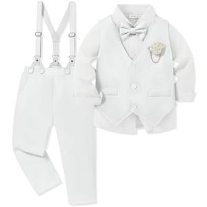 WESIDOM Toddler Boy Clothes Suit Formal Dress Shirt+Bowtie+Vest+Boutonniere+Suspender Pants Boys Gentleman Outfits Set, 5-6Y