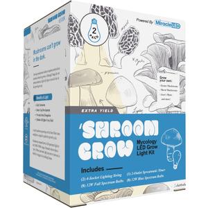 Miracle LED Shroom Indoor Grow Light Kit for Oyster, Shiitake Mushrooms - 4 6500K 12W Full & 4 Blue Spectrum Ultra Grow Replace 150W LED Grow Bulbs & 1 4-Socket Fixture with Timer (2-Pack)