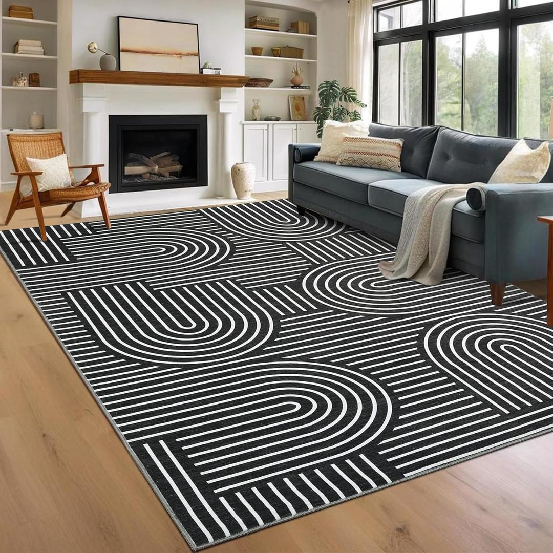 Washable Rug 9x12 Area Rugs for Living Room, Abstract Rug for Bedroom, Soft Rainbow Non Slip Throw Rugs with Rubber Back, Low Pile Stain Resistant Boho Geometric Carpet for Dining Room, Black