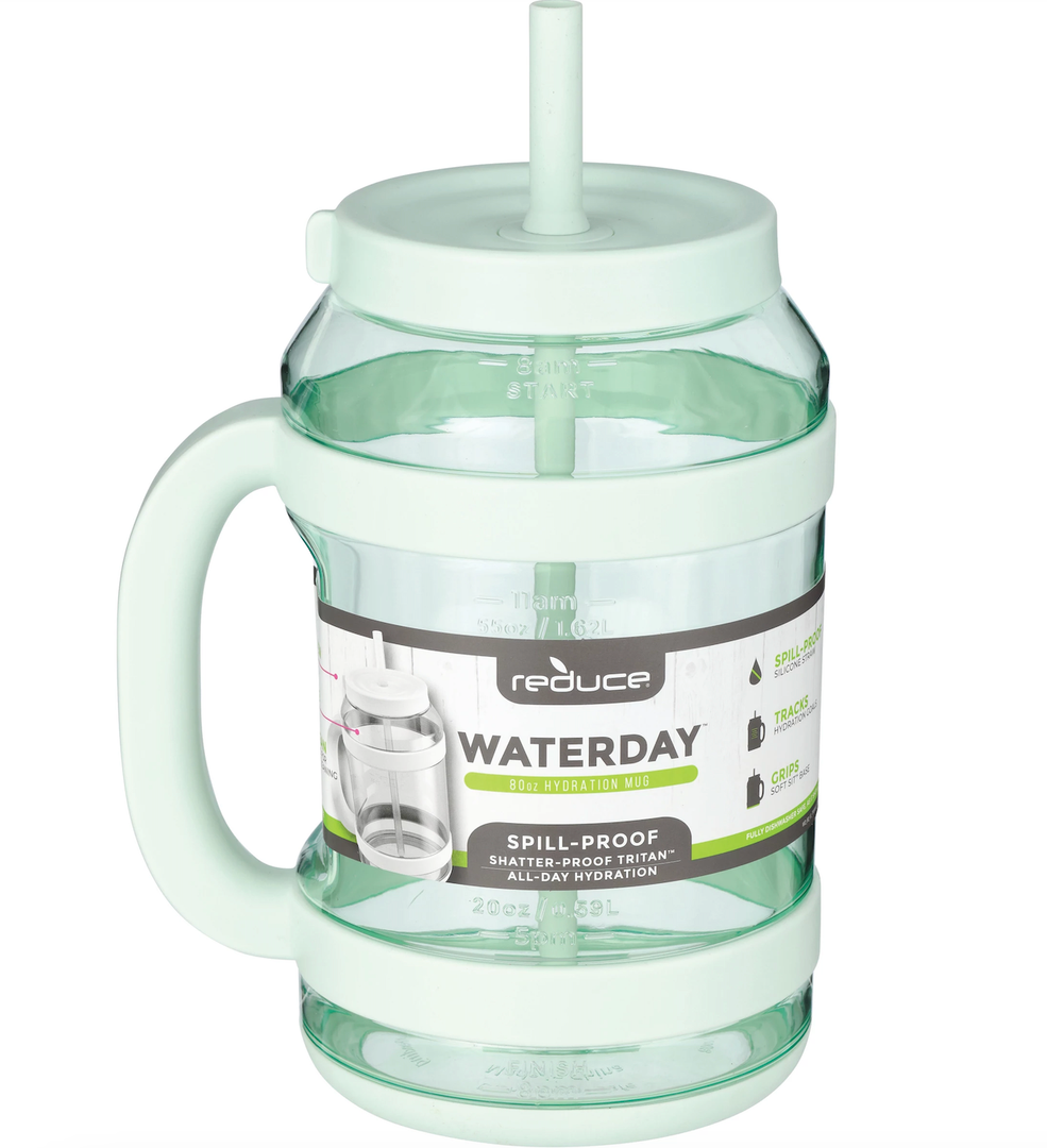 REDUCE WaterDay 80 oz Water Jug with Time/Ounce Markings - Spill-Proof Straw, Durable Tritan - Big Water Bottle for Daily Hydration - Dishwasher Safe, Clear & Easy to Clean, Green