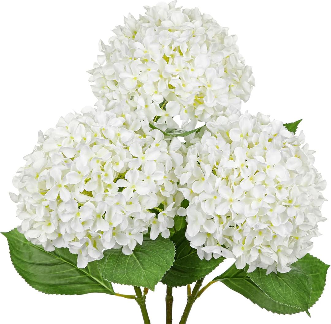 26" Artificial Hydrangea Flower with 6.6" Large Bloom, Realistic Gradient Silk Flowers, Faux Hydrangeas for Home Wedding Centerpiece Decor, Big Petal Fake Floral Arrangement, Indoor Outdoor Display (3PCS, White)