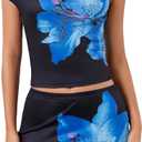 Verdusa Women's 2 Piece Floral Outfit Y2k One Shoulder Ruched Crop Tops Short Bodycon Skirt Set (X-Large, Blue and Black)