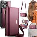 CaseMe 2-in-1 Detachable for iPhone 15 Pro Crossbody Wallet Case with RFID Blocking 10-Card Holder for Woman, PU Leather Wrist Strap Zipper Purse Wallet Phone Case for iPhone 15 Pro 6.1", Wine Red