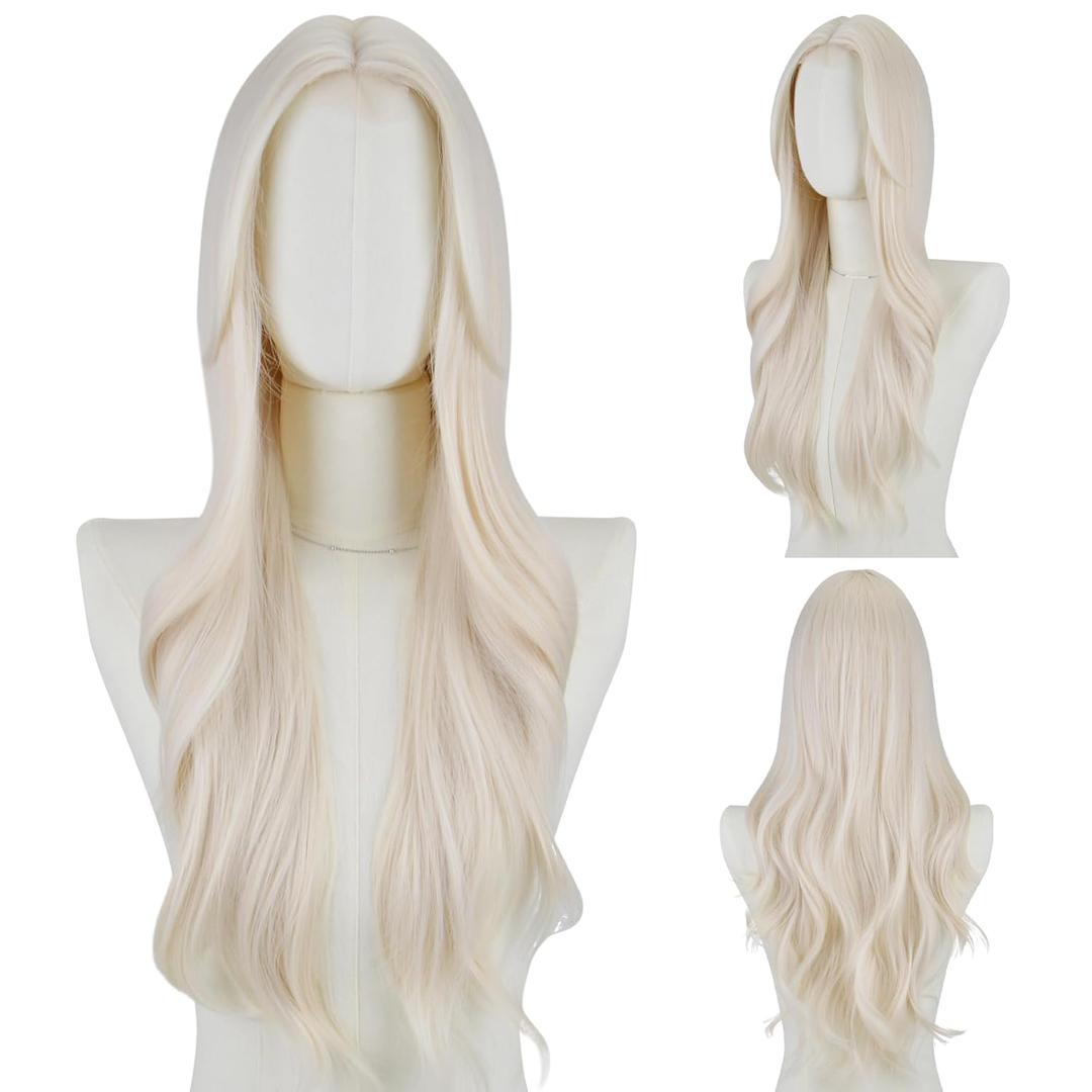 FREE BEAUTY Long platinum Blonde Wavy Wig for Women 26 Inch Middle Part Curly Wavy Wig Natural Looking Synthetic Heat Resistant Fiber Wig for Daily Party Use