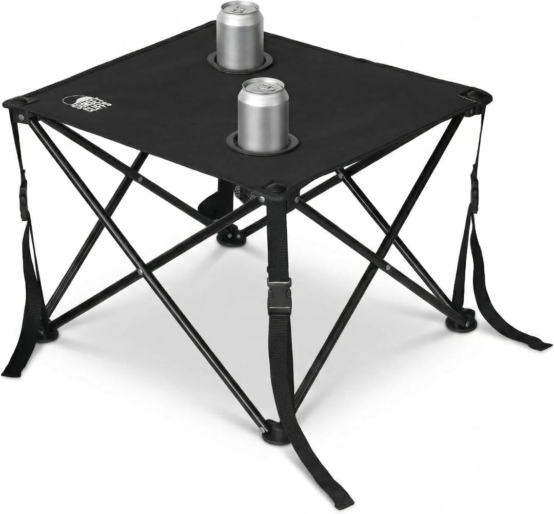 Sunset Cliffs Portable Beach Table with 2 Cup Holders & Carry Bag Lightweight Folding Camping Side Table 19" x 19" Compact Outdoor Table for Sand, Picnic, and Travel Black