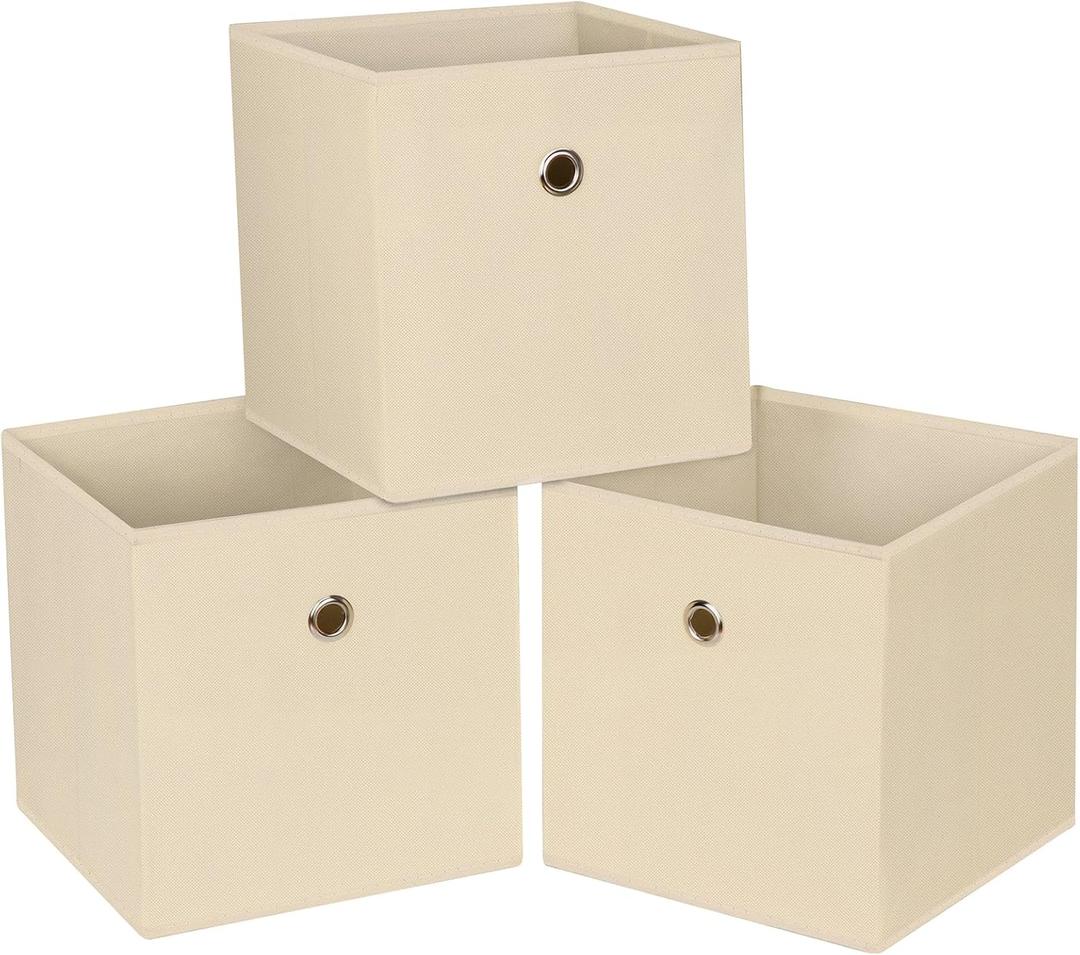 Foldable Storage Cubes Bins ,11 Inch Cloth Storage Cube Fabric Storage Box Cubes Organizer Baskets with Handles for Home Organizer Set of 3 (Creamy-White)