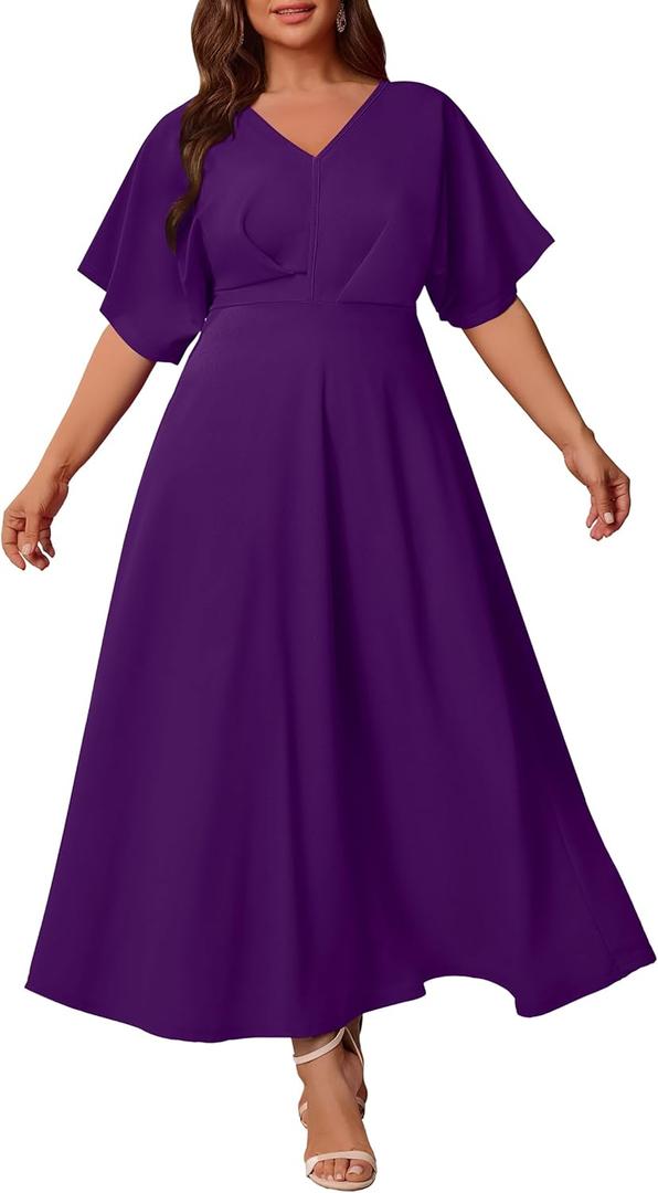 Nmoder Plus Size Maxi Dress for Women Wedding Guest Casual Wrap Summer Dresses A Line Flowy V Neck Short Sleeve (Purple) 4XL