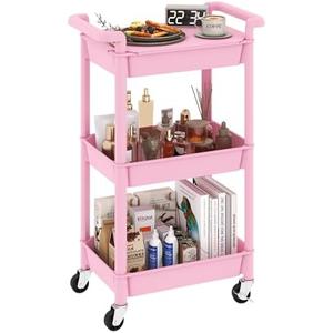 Steehoom 3-Tier Utility Rolling Cart with Cover Top Board, Mobile Utility Cart with Lockable Casters Multi-Functional Storage Trolley for Office, Bathroom, Kitchen, Garden, Laundry Room (Pink)