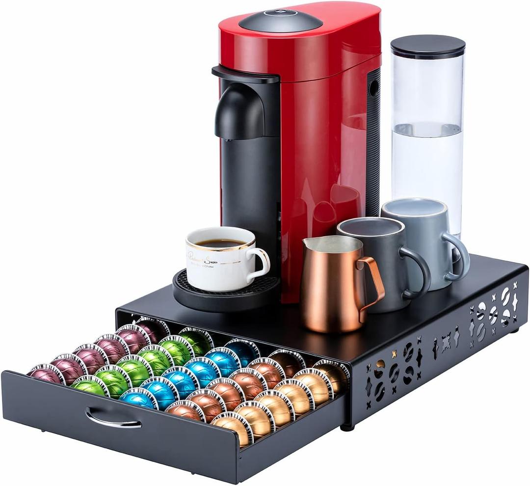 FlagShip for Nespresso Pod Holder Vertuo Capsule Storage Pod Organizer Coffee Bar Design And Coffee Machine Stand Black Metal (50 Pods Capacity)