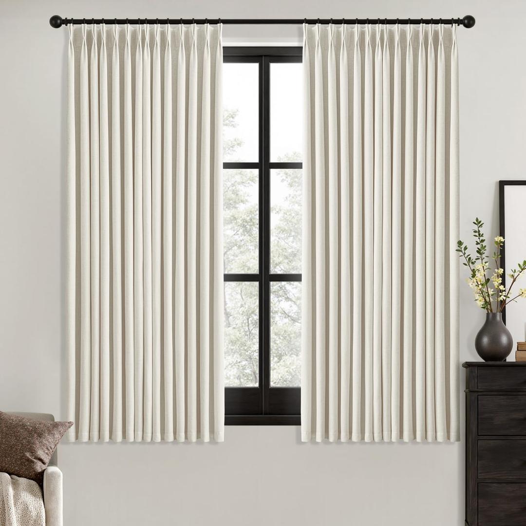 MIULEE Natural Pinch Pleated 100% Blackout Linen Curtains for Bedroom, Room Darkening Memory Trained Light Blocking Window Curtains 63 inches Long for Living Room, Black Out Pleat Drapes, 2 Panels