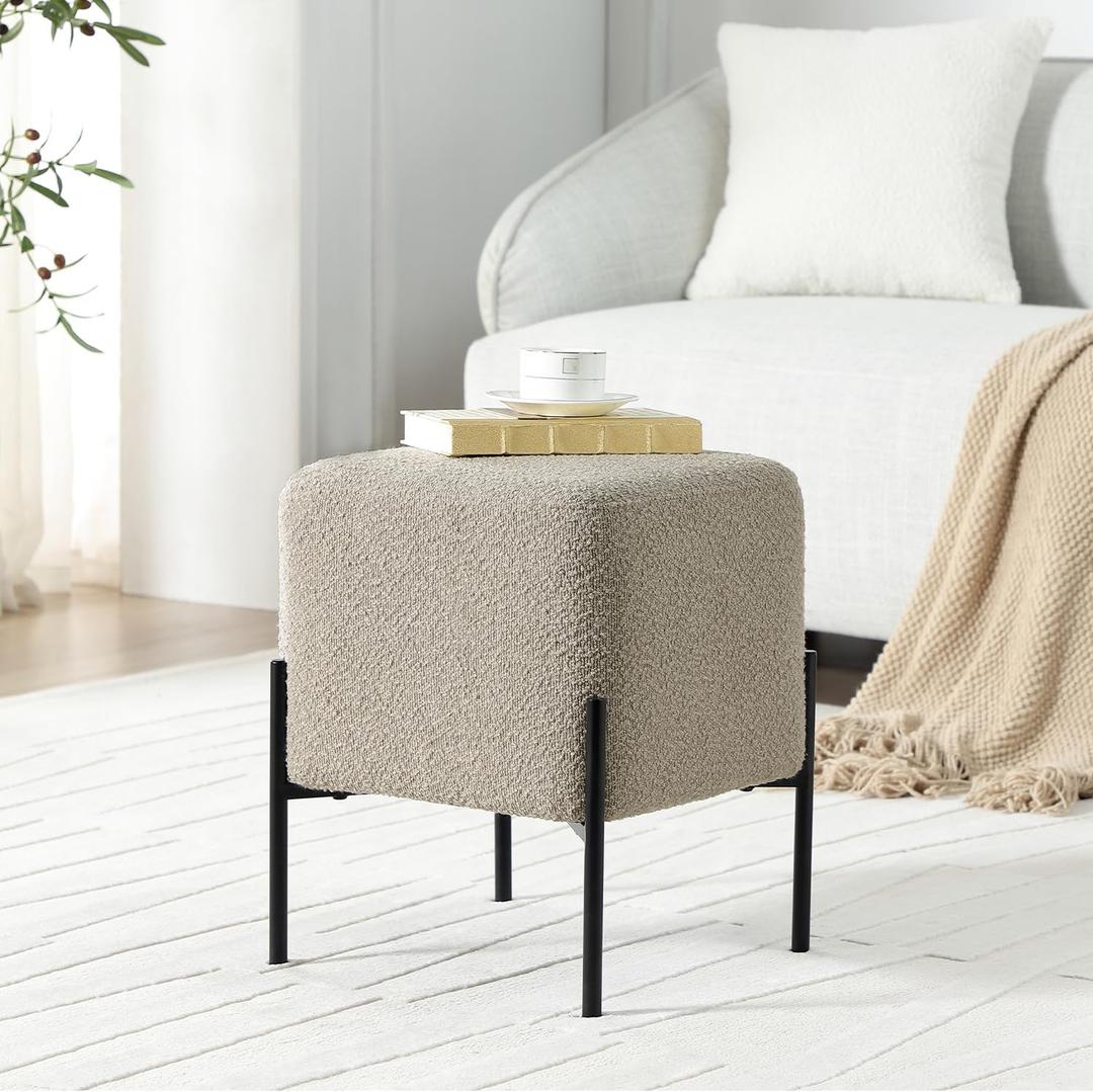 Get Set Modern Boucle Ottoman Stool Vanity Stool Foot Rest Stool, Square Small Vanity Chair for Makeup Room, Footrest Stool with Metal Legs, Side Table Ottoman for Living Room, Bedroom, Walk-in Closet (Taupe)