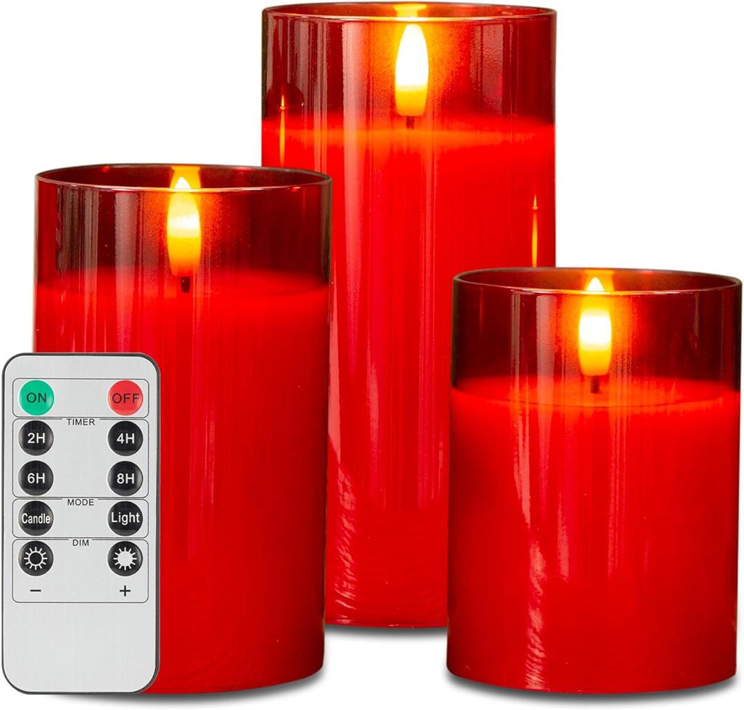LUSHABOR Christmas Flameless Candles, Red Glass Battery Operated Candles with Remote, Real Wax LED Flickering Flameless Christmas Candles Home Party D3 H4 5" 6", Set of 3-Red