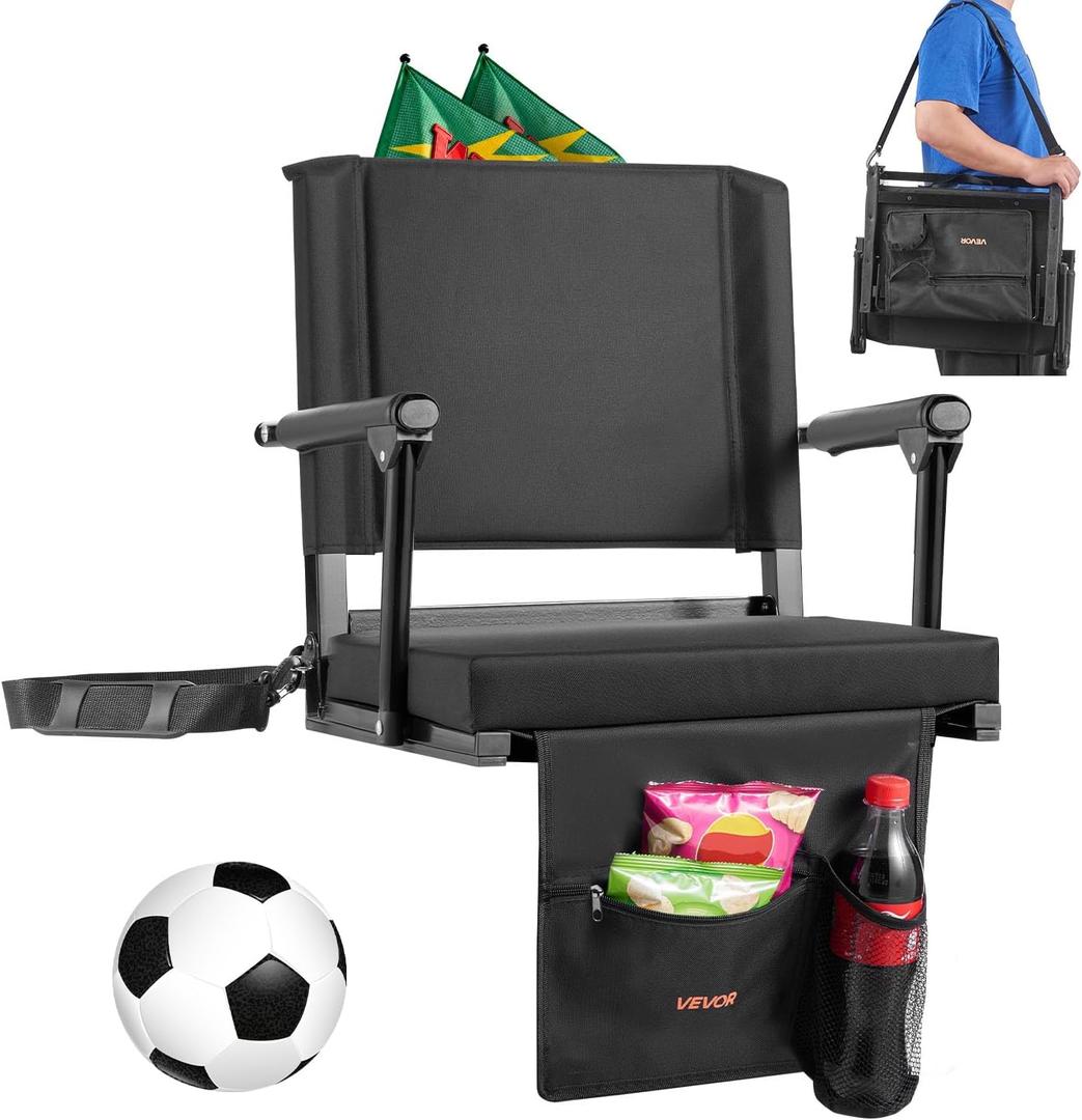 VEVOR Stadium Seat, Portable Bleacher Seat with Armrest, Back Support and Thick Cushion, Bench Chair for Bleacher Includes Shoulder Strap, Hooks, Cup Holder, Black Football Bleachers Seats, 1PCS (Black)