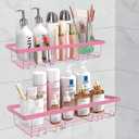 2 Pack Adhesive White Shower Caddy Organizer with Hooks, Rustproof No Drilling Wall Mounted Storage Shelf Rack for Inside Shower/Bathroom/Kitchen, Pink