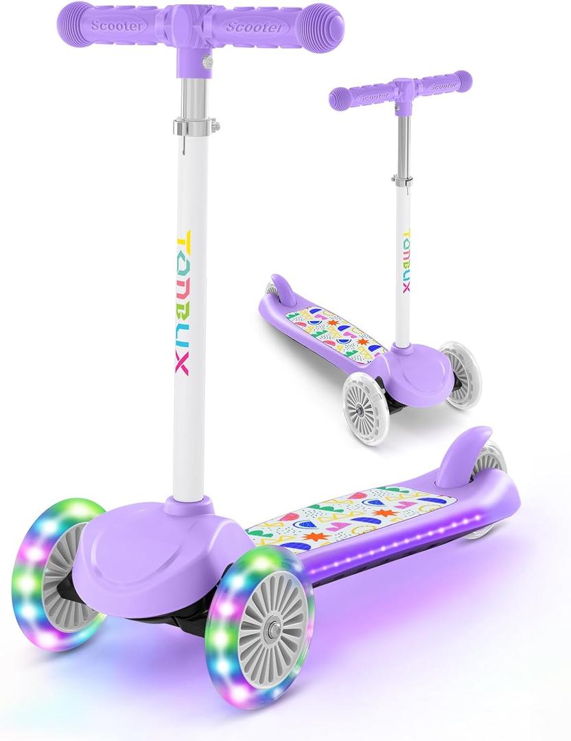 TONBUX Kids Scooter for Ages 3-8, Toddler Scooter with Light-Up Wheels, Adjustable 4-Level Height 3-Wheel Scooters for Kids, Lean-to-Steer Design (Purple)