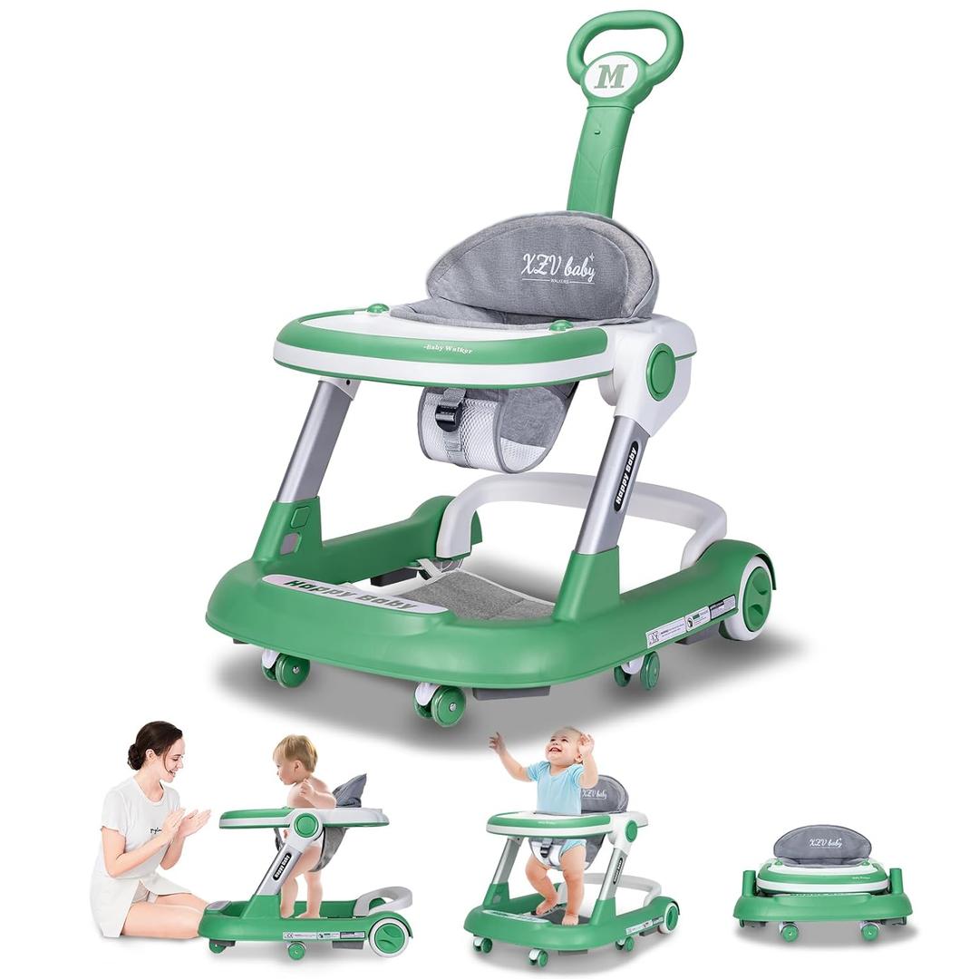 Baby Walker with Wheels 5 in 1 Foldable Activity Center with Mute Wheels Adjustable Heights Anti-Fall Push Walkers for Boys Girls Safe Infant Toddler Walker with Footrest for 6-24 Months (Green)