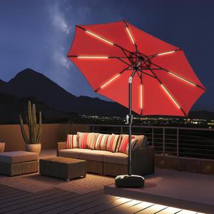 9ft Solar Patio Umbrella - Solar Lights LED Lighted UPF50+ UV Protection Umbrella, Outdoor Market Table Umbrella with Push Button Tilt, Crank for Pool Deck and Garden (Red)