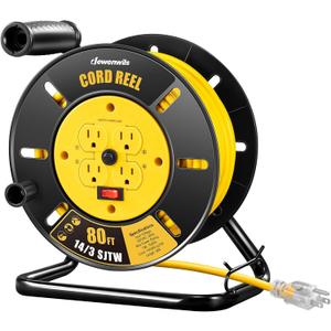 DEWENWILS Retractable Extension Cord Reel, 80FT Heavy Duty Open Cord Reel for Indoor Outdoor, 14/3 AWG SJTW, 4 Grounded Outlets, 13 Amp Circuit Breaker,Handle Rewind, Metal Stand, ETL Listed
