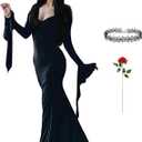 Halloween Costume Women with Wig Long Black Bodycon Gothic Dress with Necklace and Artificial Red Rose Accessories (M)